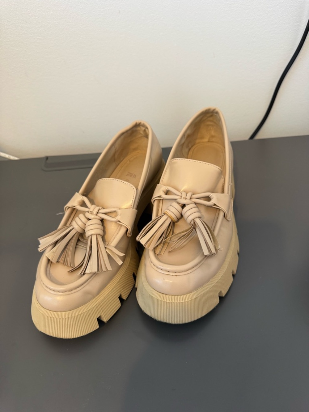 Zara Beige Tassel Platform Loafers